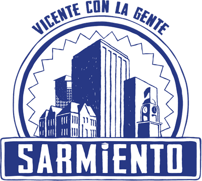 Santa Ana buildings with text around it reading Vicente Con La Gente, Sarmiento